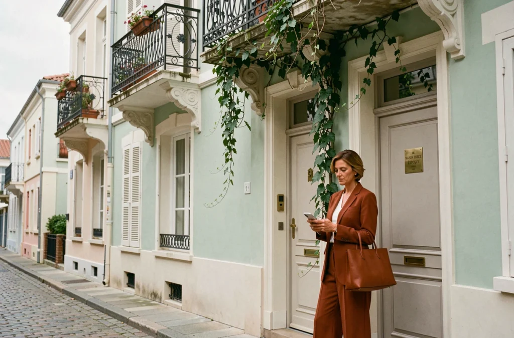 Façade belle époque pastel de la Maison Douce Époque à Deauville avec une femme élégante s'arrêtant à l'entrée