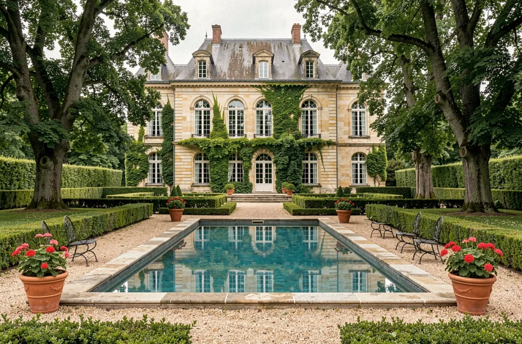 Le Manoir aux Ecureuils en Côte-d'Or avec sa piscine extérieure entourée de jardins soignés et façade en pierre de taille