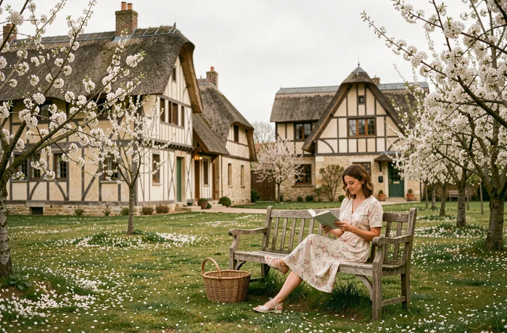 Les Manoirs de Tourgéville avec leurs façades à colombages normands entourés de pommiers en fleurs au printemps