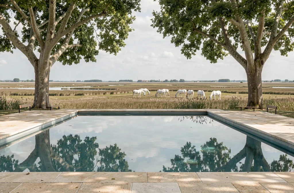 Piscine du Mas de Peint à Arles avec vue sur le paysage sauvage de la Camargue et chevaux blancs au loin