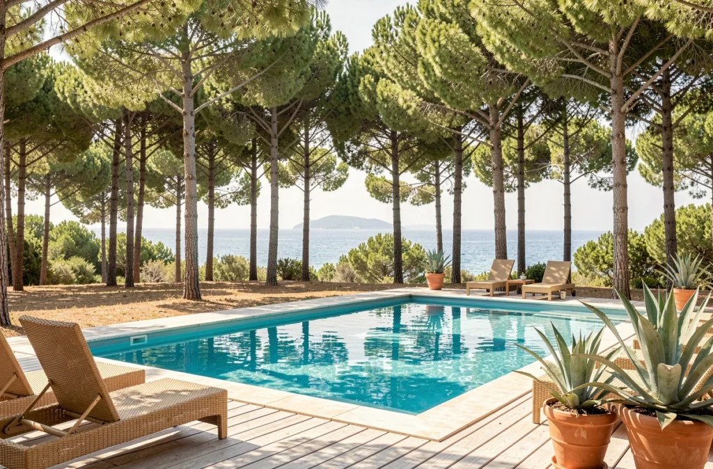 Piscine du Mas du Langoustier sur l'île de Porquerolles entourée de pins parasols avec des reflets de la mer Méditerranée