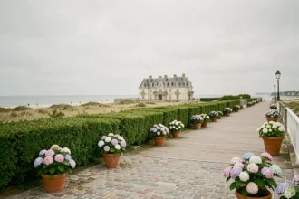 Vue panoramique de la côte normande du Calvados avec une façade d'hôtel de style belle époque et la Manche en arrière-plan