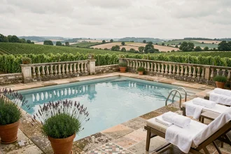 Terrasse spa avec piscine extérieure chauffée dans un hôtel de luxe en Nouvelle-Aquitaine, entourée de vignobles et de collines verdoyantes