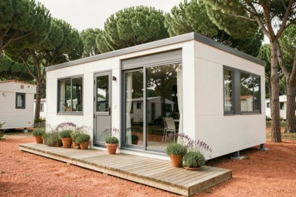 Mobil-home français moderne installé sur un terrain de camping avec terrasse en bois et pins méditerranéens en arrière-plan