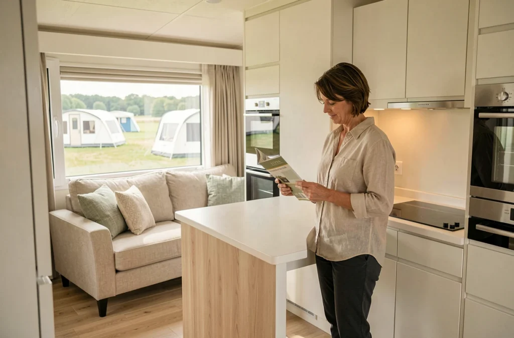 Intérieur spacieux et moderne d'un mobil-home français haut de gamme avec cuisine ouverte et grande fenêtre panoramique