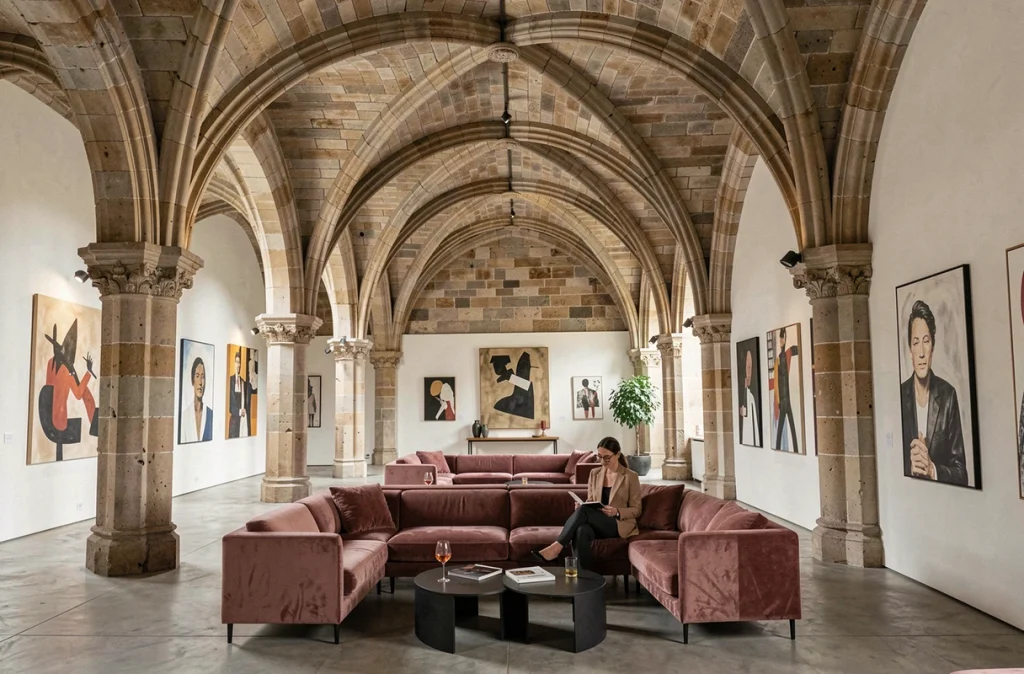 Cloître gothique du Mondrian Bordeaux Les Carmes avec voûtes en ogive médiévales et salon contemporain aux canapés en velours rose poudré
