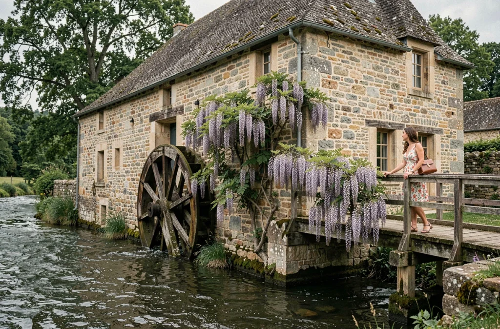 Le Moulin du Roc en Dordogne avec son ancien moulin à eau en pierre, la roue à aubes et une passerelle en bois couverte de wisteria