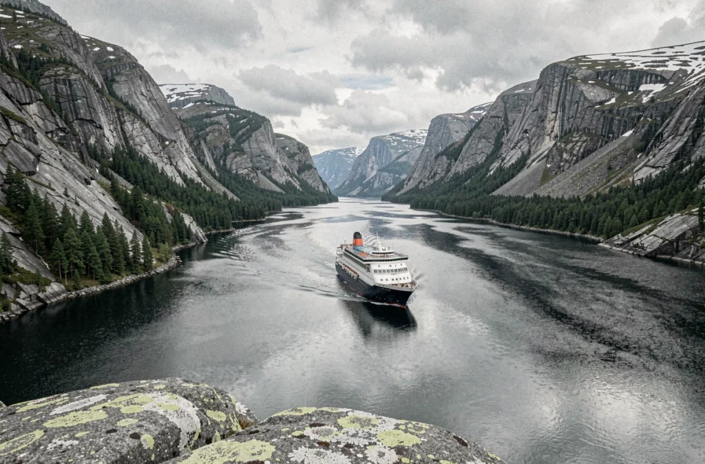 Petit navire de croisière d'expédition naviguant dans un étroit passage de fjord entre des falaises granitiques en Norvège