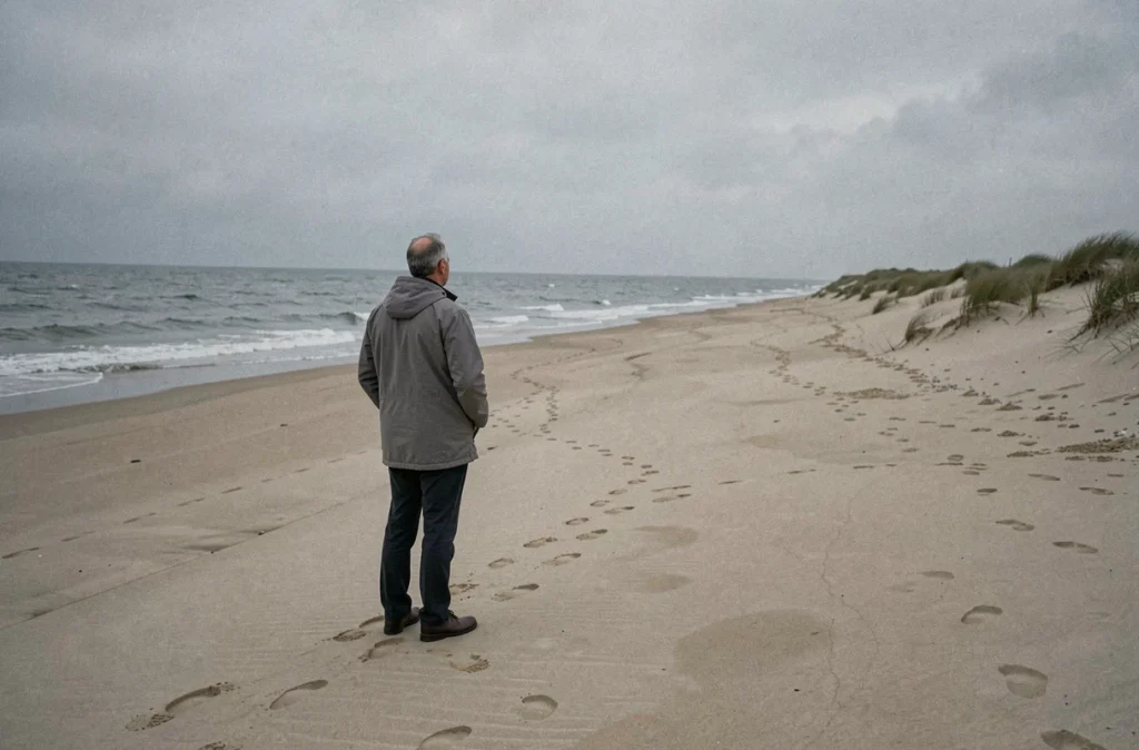 Homme solitaire contemplant la plage d'Omaha Beach en Normandie par temps nuageux, atmosphère solennelle du Débarquement