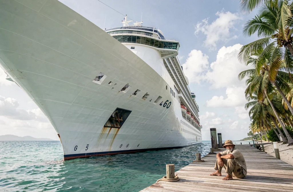 Paquebot de croisière de luxe vu depuis un quai d'île caribéenne avec pêcheur local au premier plan