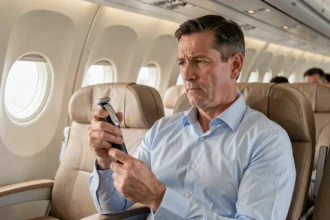 Passager en avion tenant un rasoir électrique et s'interrogeant sur les règles de recharge à bord