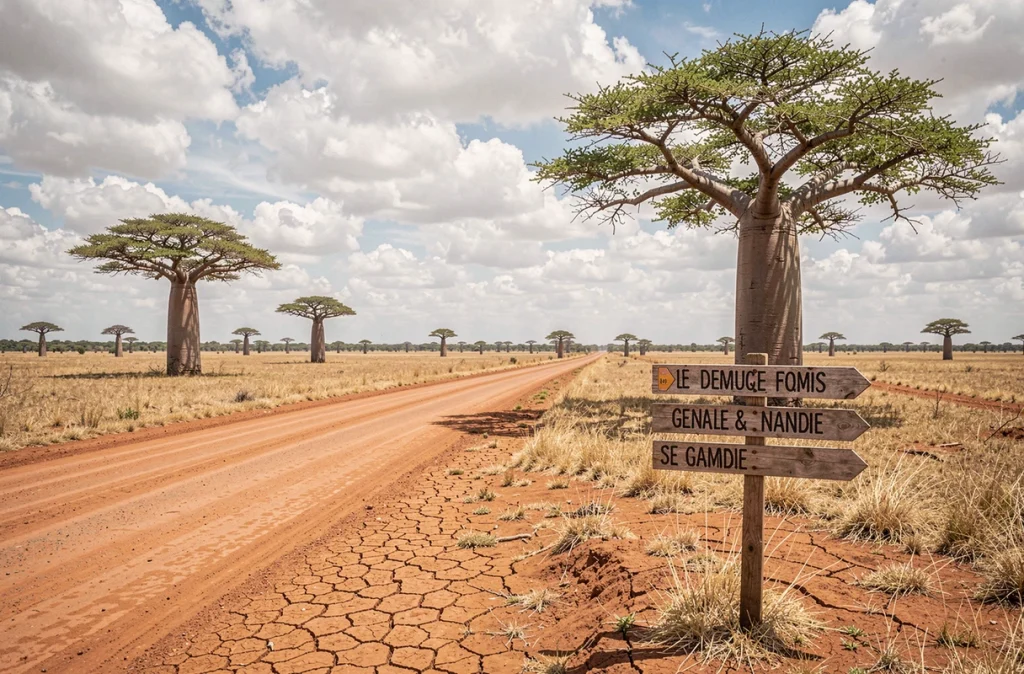 Paysage de savane sénégalaise avec baobabs et panneau indicateur de régions en bord de route