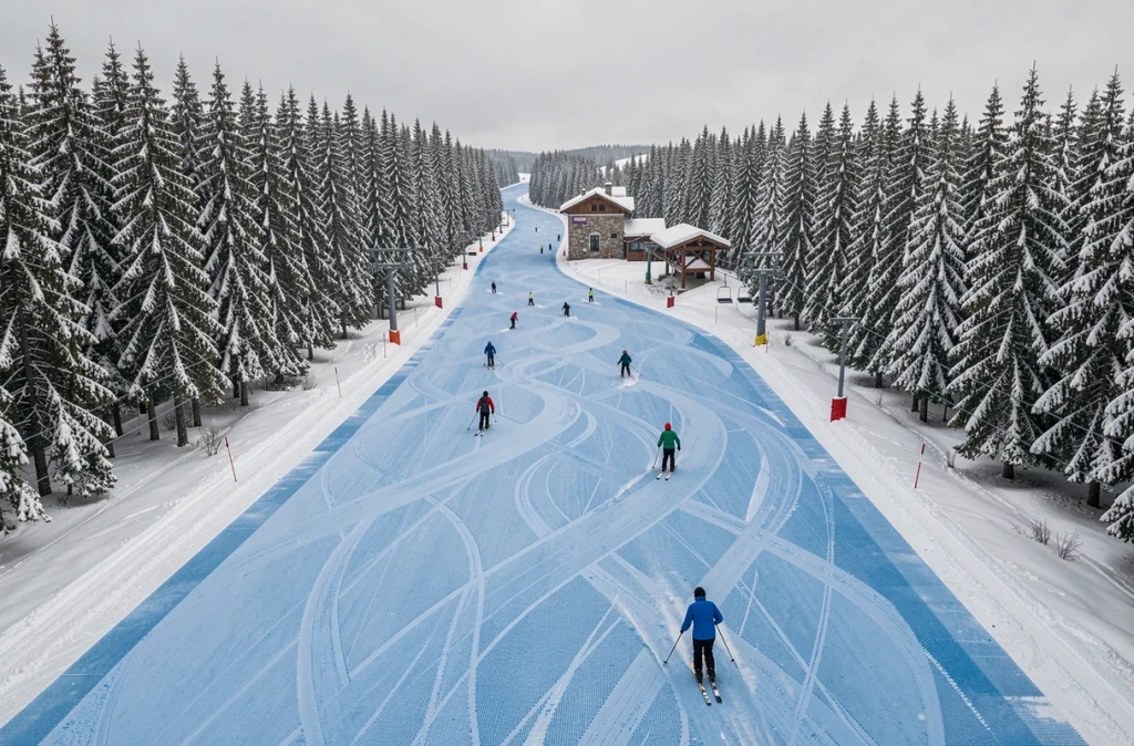 Vue plongeante sur une piste bleue damée dans une station de ski du Jura entourée de sapins enneigés et d'une remontée mécanique en pierre