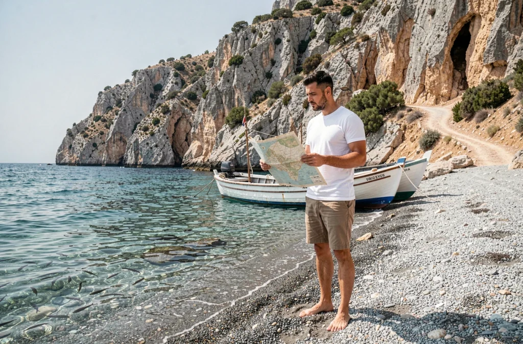 Homme explorant une plage de galets isolée en Crète avec falaises calcaires et eau cristalline turquoise