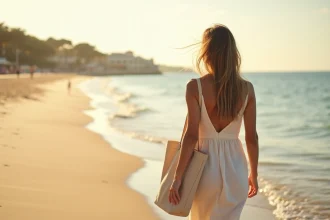 Femme se promenant sur la plage de sable près de Pise avec la mer Tyrrhénienne en arrière-plan