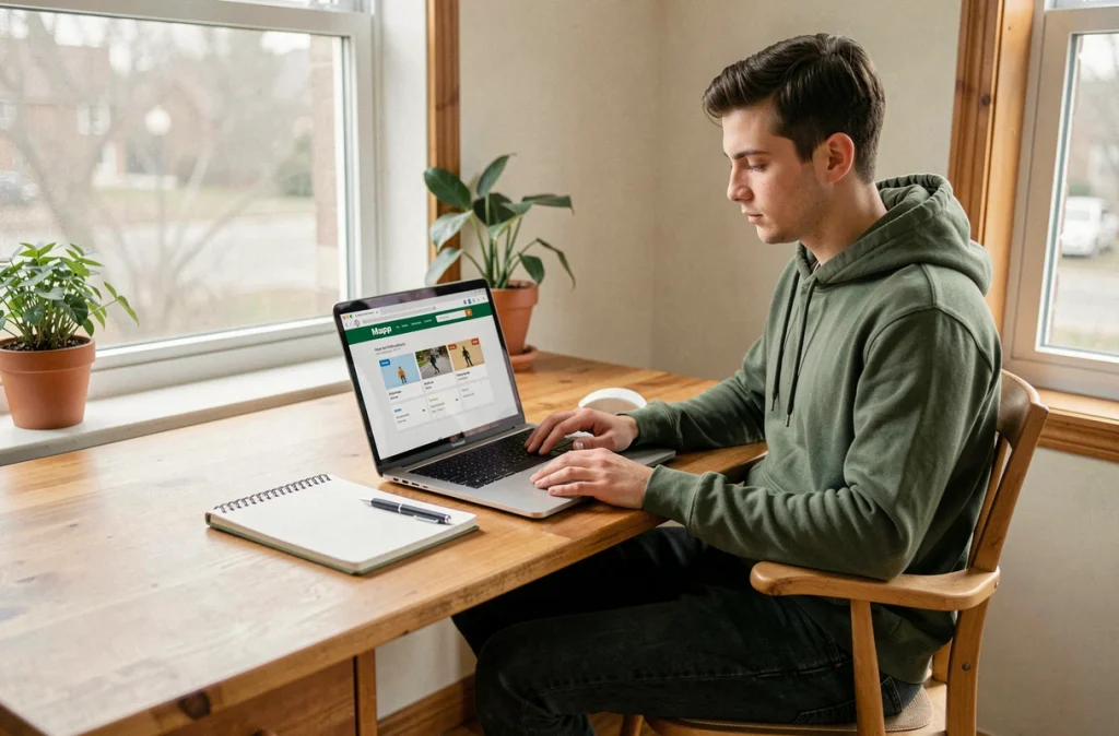 Jeune homme planifiant un itinéraire piéton sur le site Mappy depuis son bureau à domicile