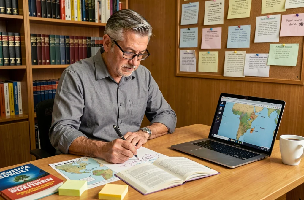 Professeur d'espagnol préparant un cours sur la capitale du Nicaragua avec des cartes et des notes pédagogiques
