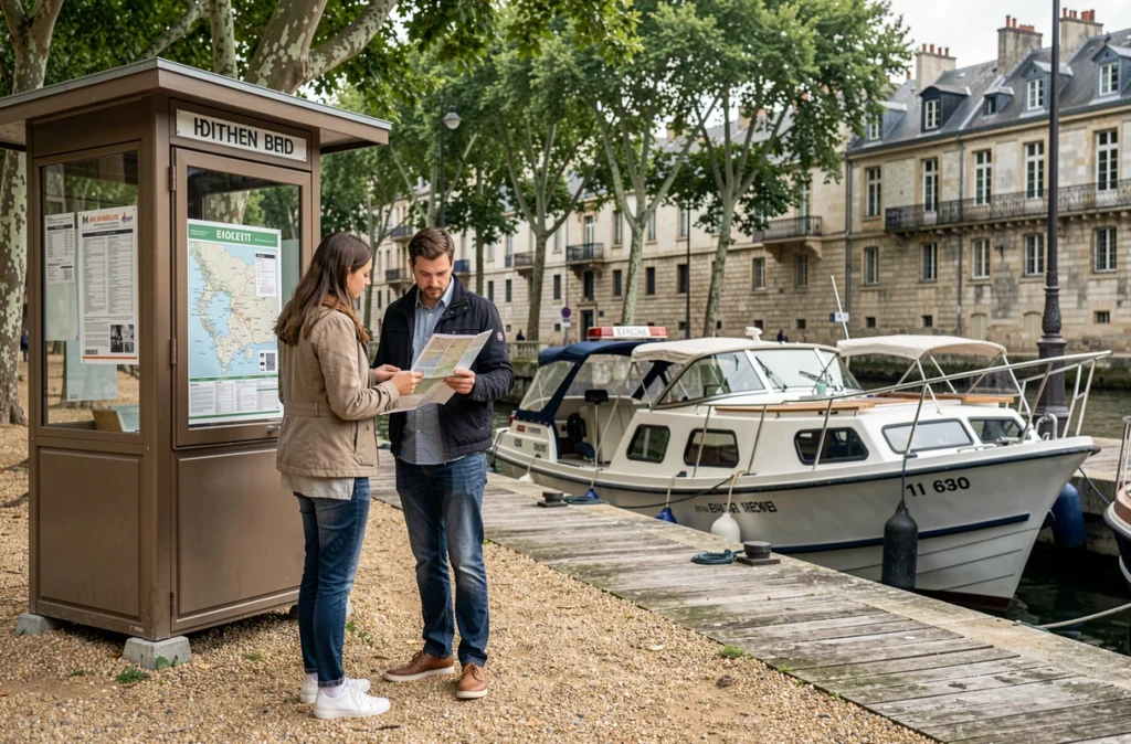 Couple consultant les tarifs et itinéraires d'une croisière en bateau au départ des quais de Bordeaux