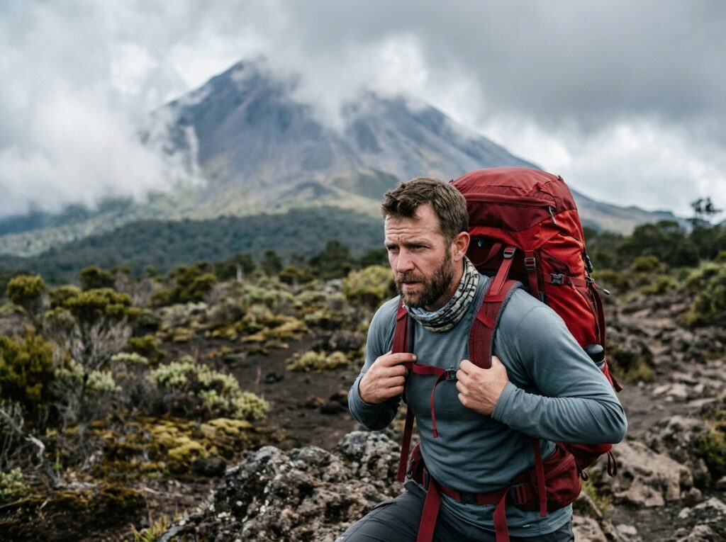 Randonneur vérifiant son équipement de trek avant l'ascension du Kilimandjaro sur un sentier volcanique