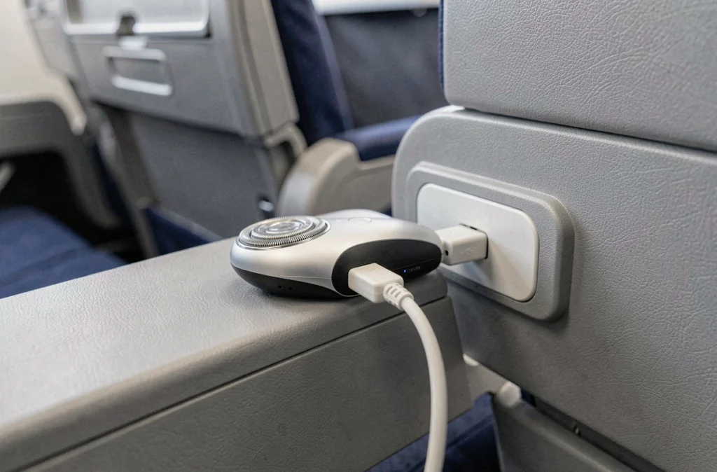Rasoir électrique branché sur le port USB de l'accoudoir d'un siège d'avion pour recharge