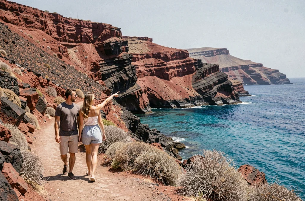 Couple de voyageurs explorant le Red Beach près d'Akrotiri à Santorin, destination idéale petit budget