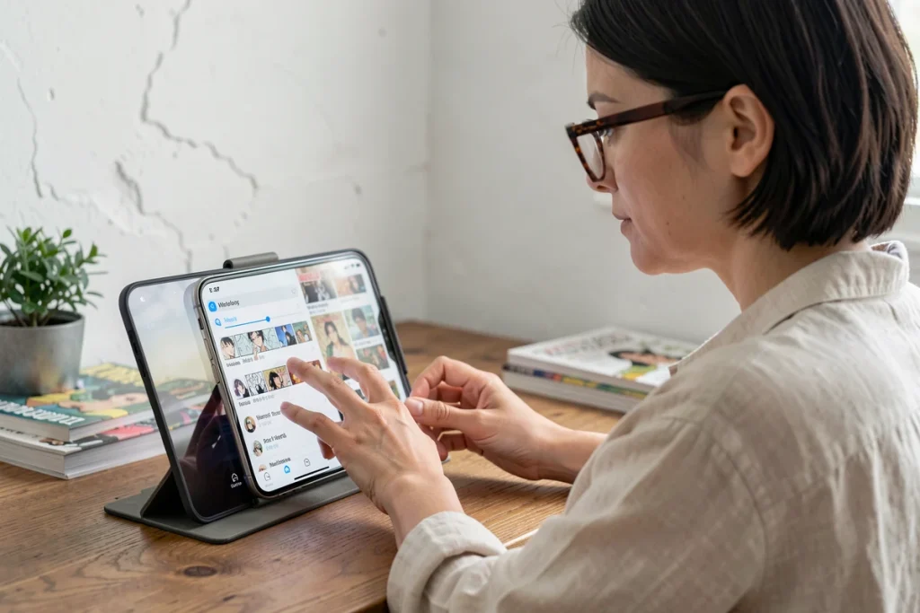 Femme ajustant les paramètres de confort de lecture sur l'application Zinchan depuis un smartphone