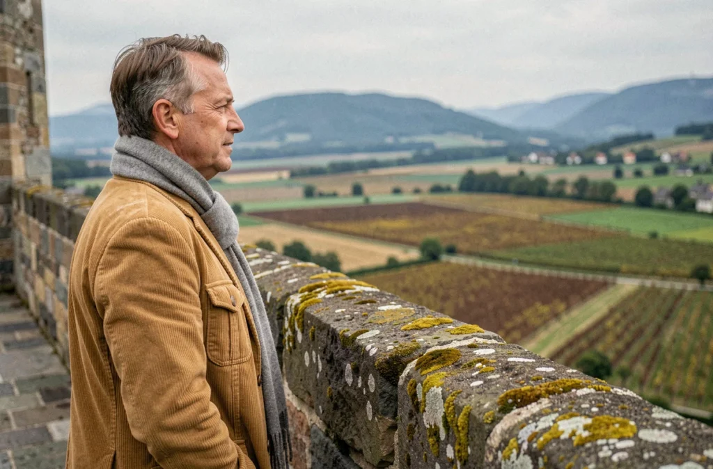 Homme admirant la vue depuis les remparts médiévaux de Sélestat sur la plaine alsacienne