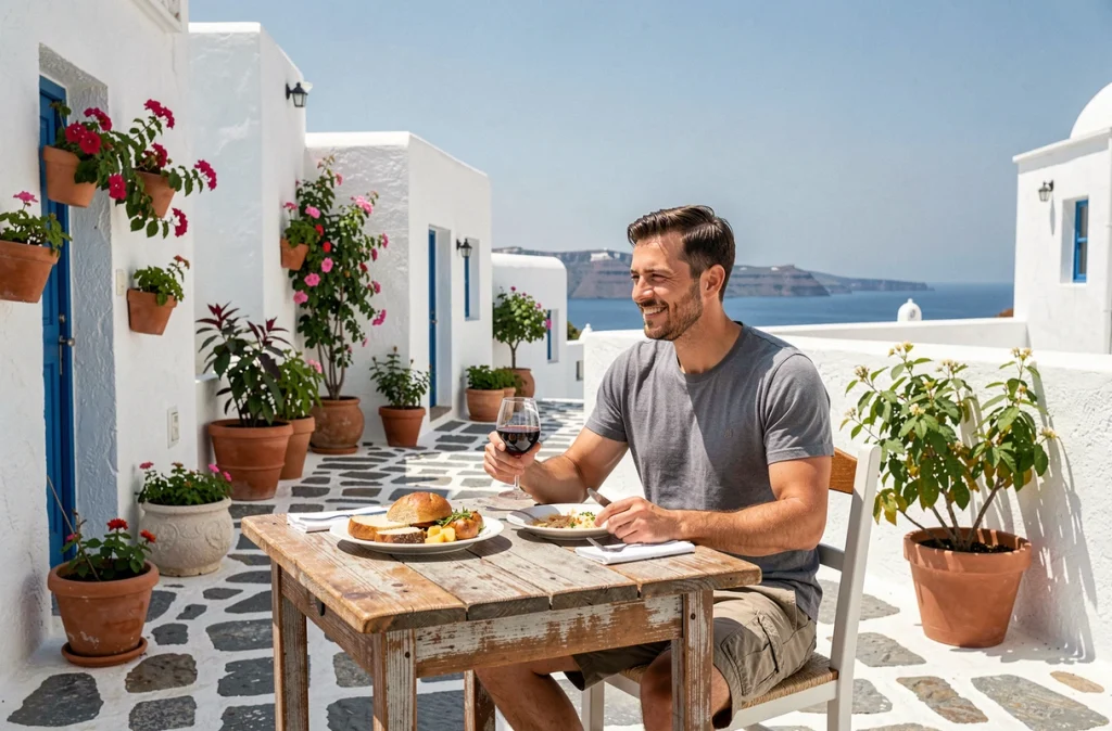 Voyageur savourant un repas grec abordable dans une taverne du village d'Akrotiri à Santorin