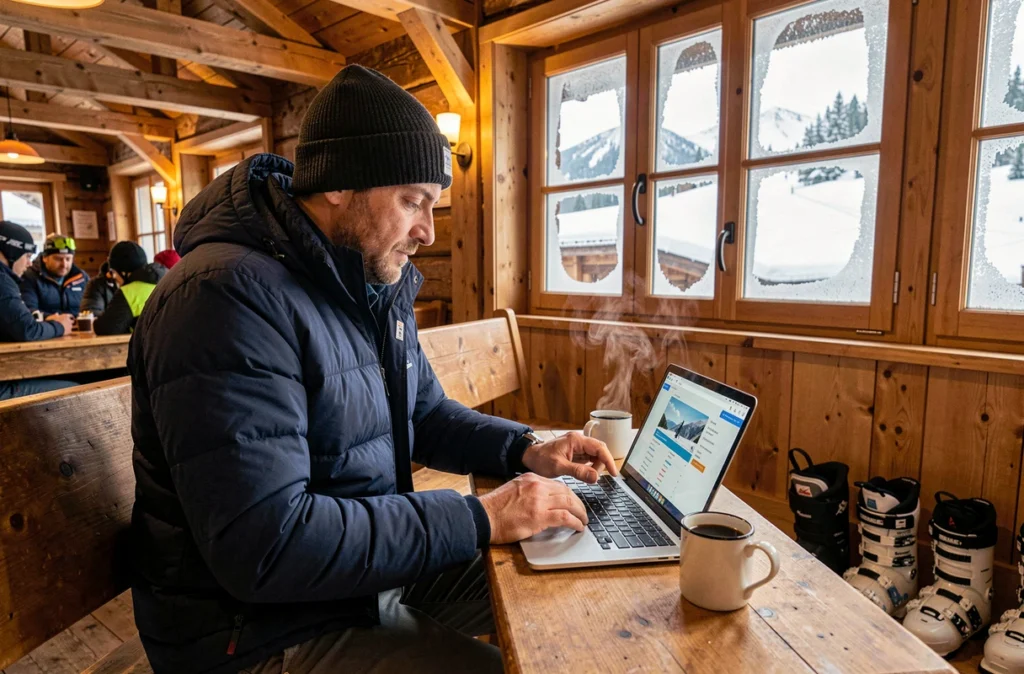 Homme réservant un forfait de ski pas cher en ligne depuis un chalet de montagne avec vue sur les pistes