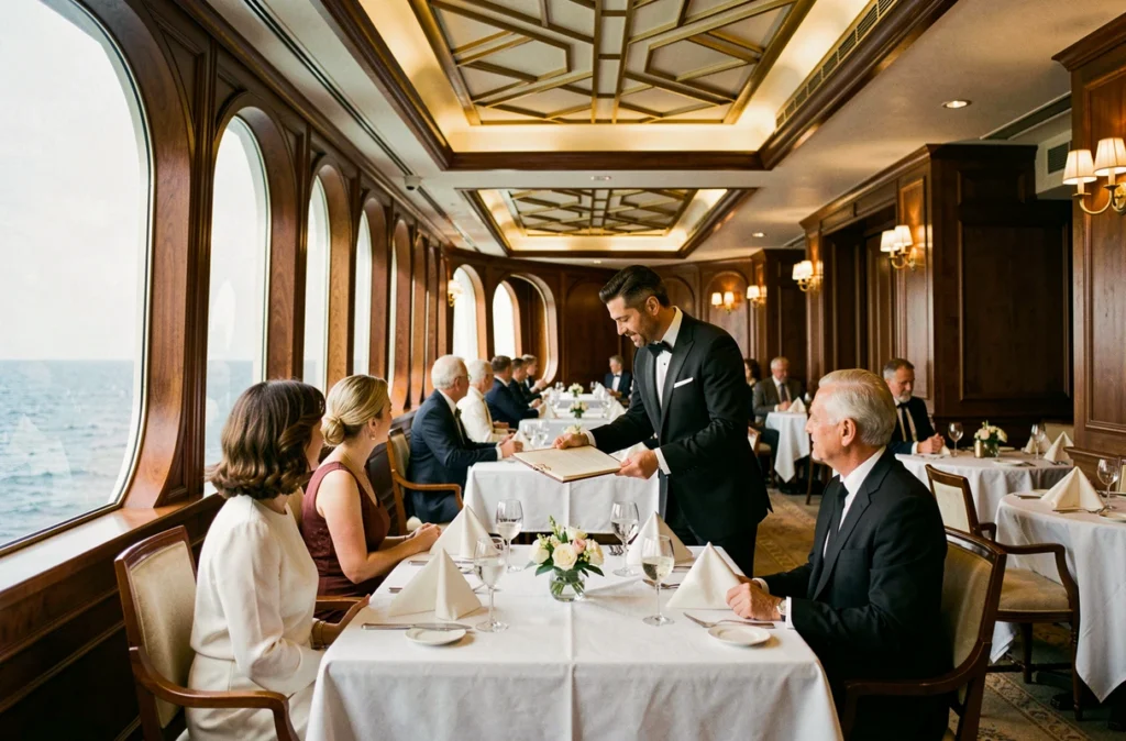 Salle de restaurant gastronomique d'un paquebot de luxe Cunard avec service à table