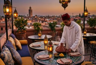 Terrasse de restaurant rooftop à Marrakech avec lanternes marocaines, tables en zellige et vue sur les toits de la médina au coucher du soleil