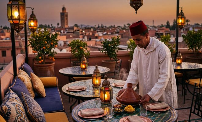 Terrasse de restaurant rooftop à Marrakech avec lanternes marocaines, tables en zellige et vue sur les toits de la médina au coucher du soleil