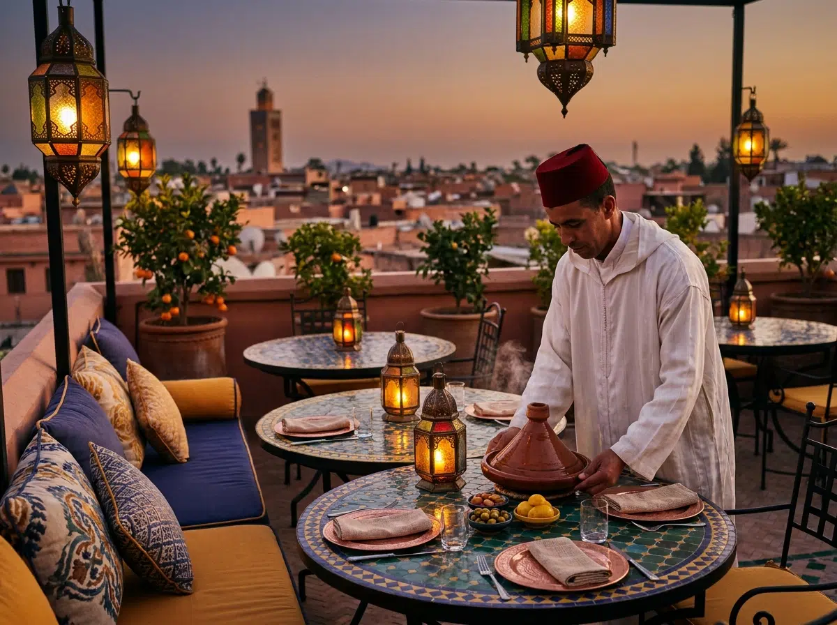 Terrasse de restaurant rooftop à Marrakech avec lanternes marocaines, tables en zellige et vue sur les toits de la médina au coucher du soleil