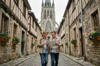 Couple de voyageurs explorant une ruelle médiévale pavée de Bayeux avec la cathédrale gothique en arrière-plan