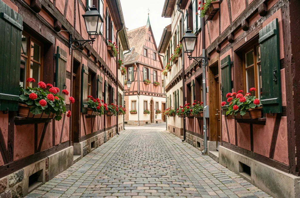 Ruelle pavée du centre historique de Sélestat avec maisons à colombages alsaciennes