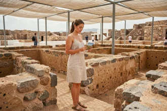 Jeune femme consultant un guide de voyage devant les ruines archéologiques d'Akrotiri à Santorin avec un petit budget