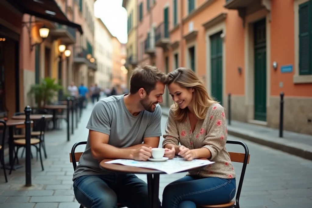 Couple consultant une carte en terrasse de café dans le centre historique de Pise avant de partir à la plage