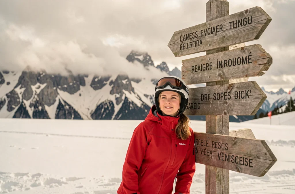 Skieuse appuyée contre un panneau directionnel en bois dans une station de ski alpine avec panorama de sommets enneigés