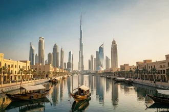 Skyline de Dubaï avec la Burj Khalifa reflétée dans l'eau, boutre traditionnel au premier plan