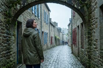 Femme en ciré sous une arche médiévale dans un village breton sous la pluie, rue pavée mouillée en arrière-plan