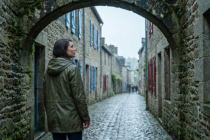 Femme en ciré sous une arche médiévale dans un village breton sous la pluie, rue pavée mouillée en arrière-plan