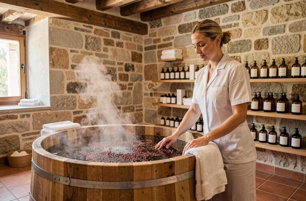 Salle de soin vitivinicole aux Sources de Caudalie avec baignoire en bois et produits à base de raisin sur fond de pierres apparentes