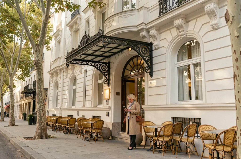 Façade Belle Époque du Splendid Hôtel à Dax avec moulures Art Nouveau, auvent en fer forgé et terrasse avec chaises en rotin sous les platanes