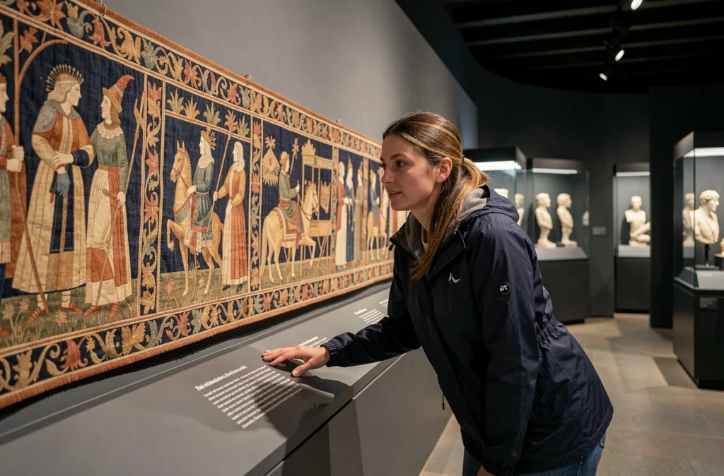 Femme admirant la Tapisserie de Bayeux dans le musée normand, détails médiévaux visibles en arrière-plan