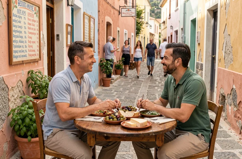 Couple savourant des mezze crétois traditionnels dans une taverne familiale authentique d'un village de montagne en Crète