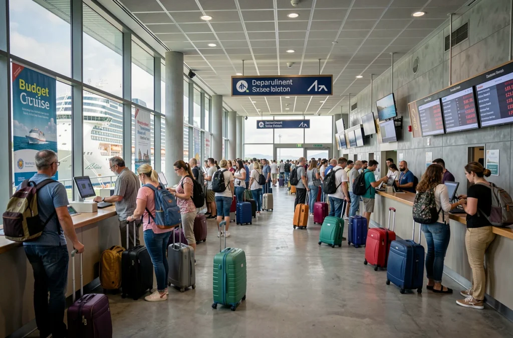 Terminal de croisière animé avec des voyageurs cherchant des billets de bateau à prix abordable