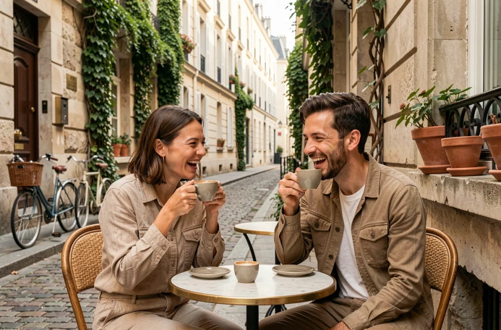 Deux amis profitant d'une pause café en terrasse dans une ruelle pavée de Montmartre lors d'une visite éco-responsable