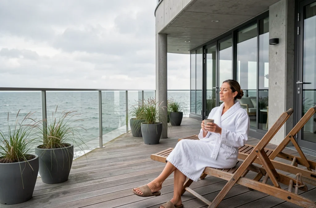 Terrasse du Thalazur Ouistreham avec une femme en peignoir blanc profitant d'une pause bien-être face à la Manche