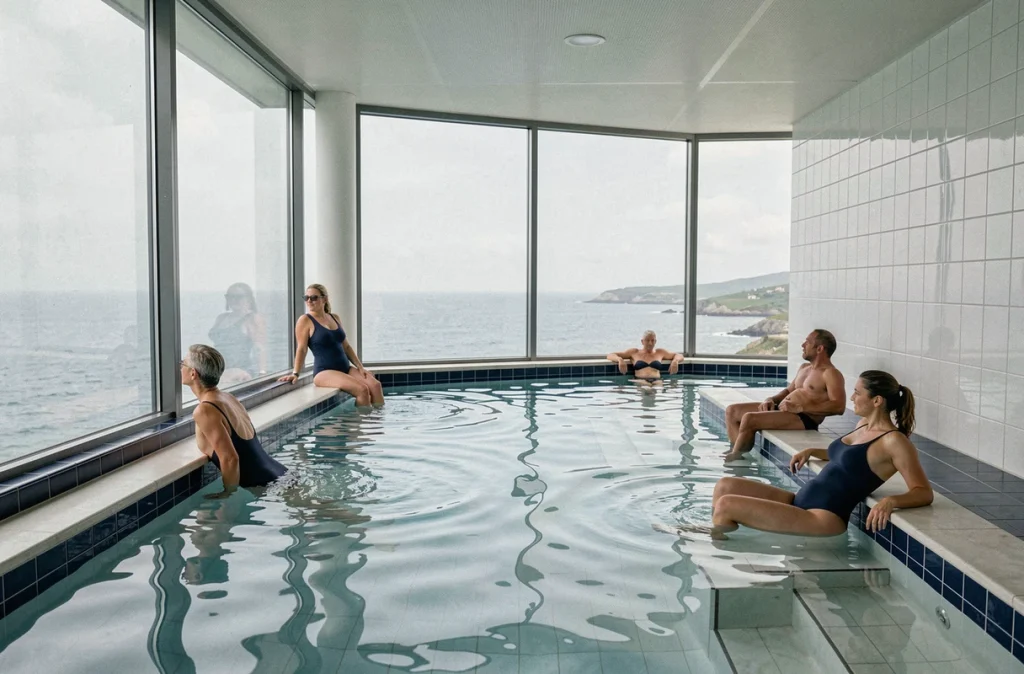 Piscine de thalassothérapie à Thalazur Saint-Jean-de-Luz avec vue panoramique sur la côte basque et l'océan Atlantique à travers de grandes baies vitrées