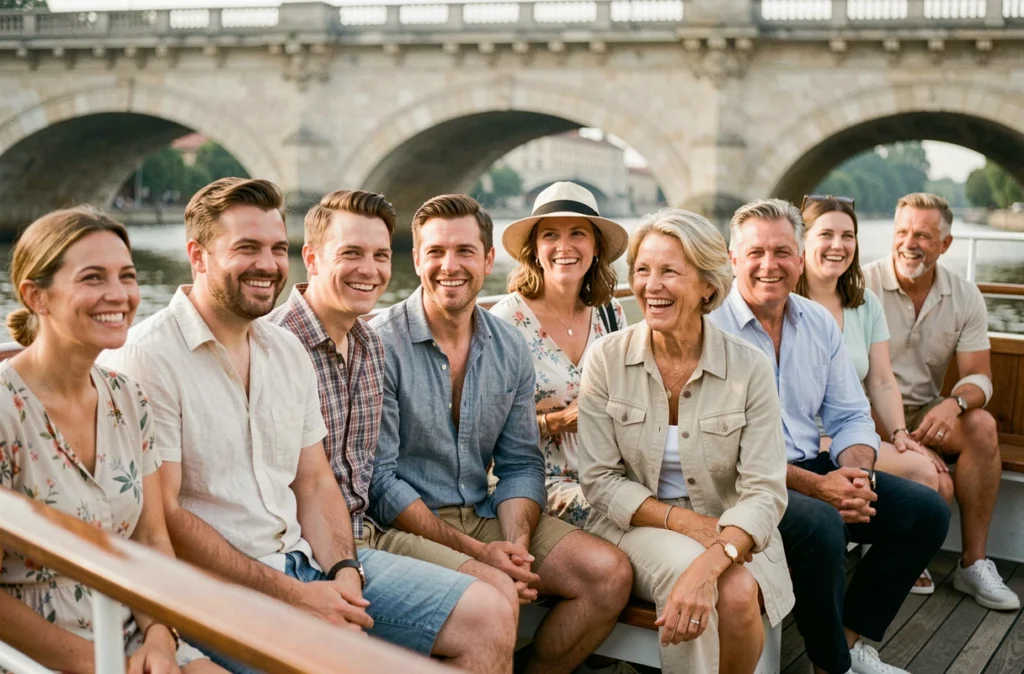 Touristes profitant d'une croisière en bateau sur la Garonne à Bordeaux avec vue sur le Pont de Pierre